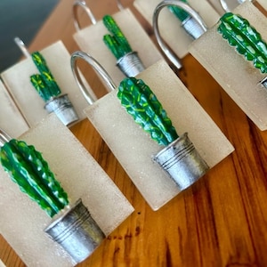 Southwestern style cactus shower hooks with square opaque background