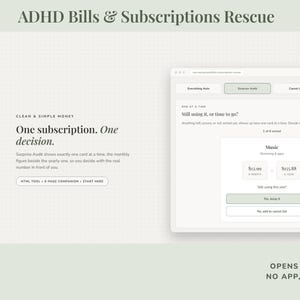 May include: A digital interface titled ADHD Bills & Subscriptions Rescue featuring a browser window with a Surprise Audit tool. The screen displays a music subscription card with monthly and yearly costs, buttons to keep or cancel, and a total of $387.12.
