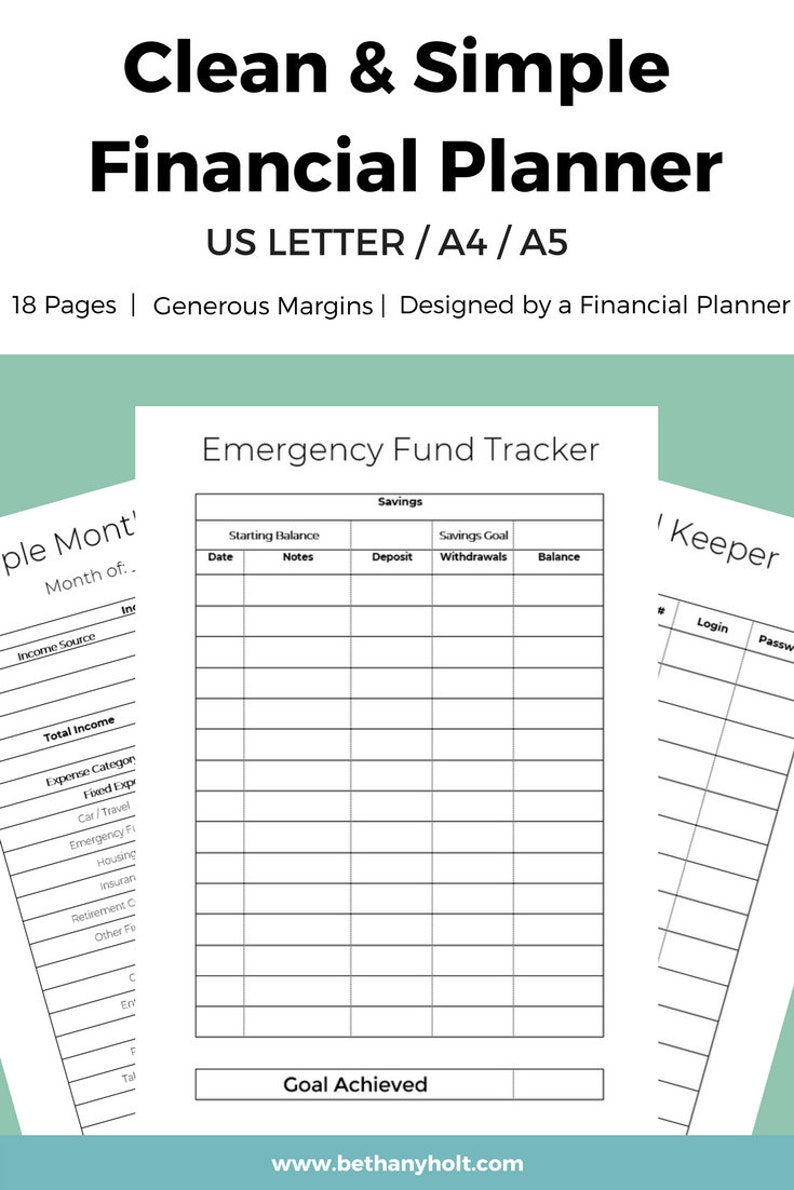 May include: A black and white printable financial planner with a green header that says "Clean & Simple Financial Planner". The planner includes sections for tracking income, expenses, and an emergency fund.