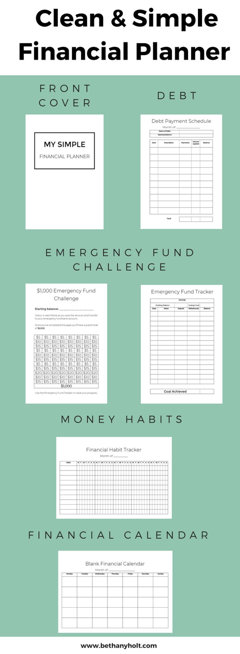 May include: A printable financial planner with sections for debt, emergency fund, money habits, and a financial calendar. The planner has a green background and black text.