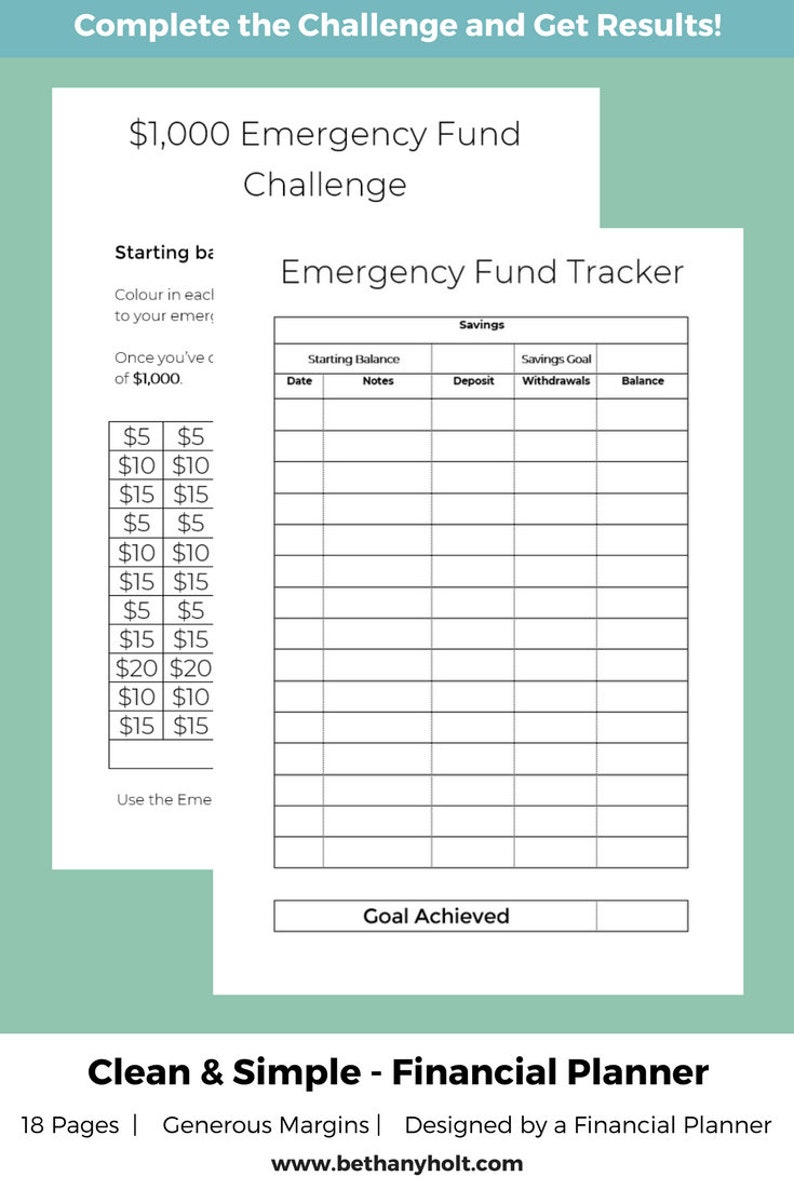 May include: A printable worksheet for tracking savings towards a $1,000 emergency fund. The worksheet includes a table with columns for date, notes, deposit, withdrawals, and balance. There is also a section for starting balance and savings goal.