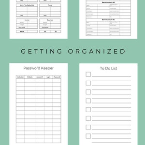 May include: A printable financial planner with sections for budgeting, bank accounts, savings, income, password keeping, and a to-do list. The planner is black and white with a light green background.