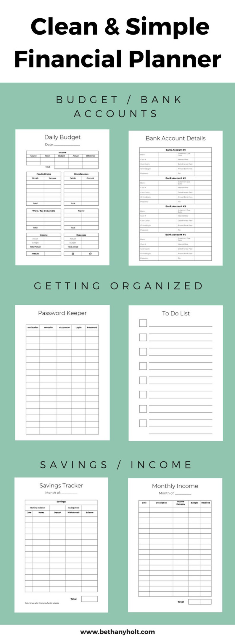 May include: A printable financial planner with sections for budgeting, bank accounts, savings, income, password keeping, and a to-do list. The planner is black and white with a light green background.