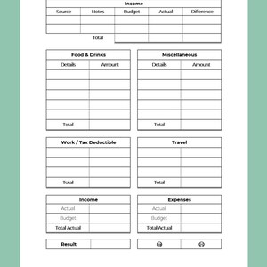 May include: A printable daily budget planner with sections for income, expenses, food and drinks, miscellaneous, work/tax deductible, and travel. The planner includes space for details, amounts, and totals. The planner also includes a section for actual income and expenses, budget, and total actual. The planner has the text "18 Pages - Clean & Simple Financial Planner www.bethanyholt.com".