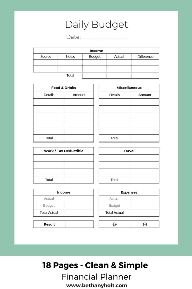 May include: A printable daily budget planner with sections for income, expenses, food and drinks, miscellaneous, work/tax deductible, and travel. The planner includes space for details, amounts, and totals. The planner also includes a section for actual income and expenses, budget, and total actual. The planner has the text "18 Pages - Clean & Simple Financial Planner www.bethanyholt.com".