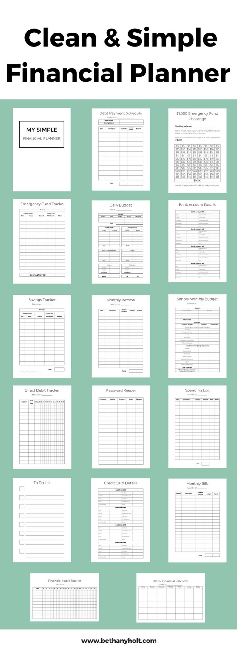 May include: A printable financial planner with a black and white design. The planner includes sections for budgeting, debt tracking, savings, and more. The title of the planner is "Clean & Simple Financial Planner".