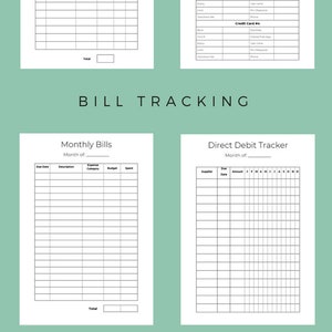 May include: A printable financial planner with sections for spending, bill tracking, and monthly budgeting. The planner includes tables for tracking expenses, income, and credit card details.