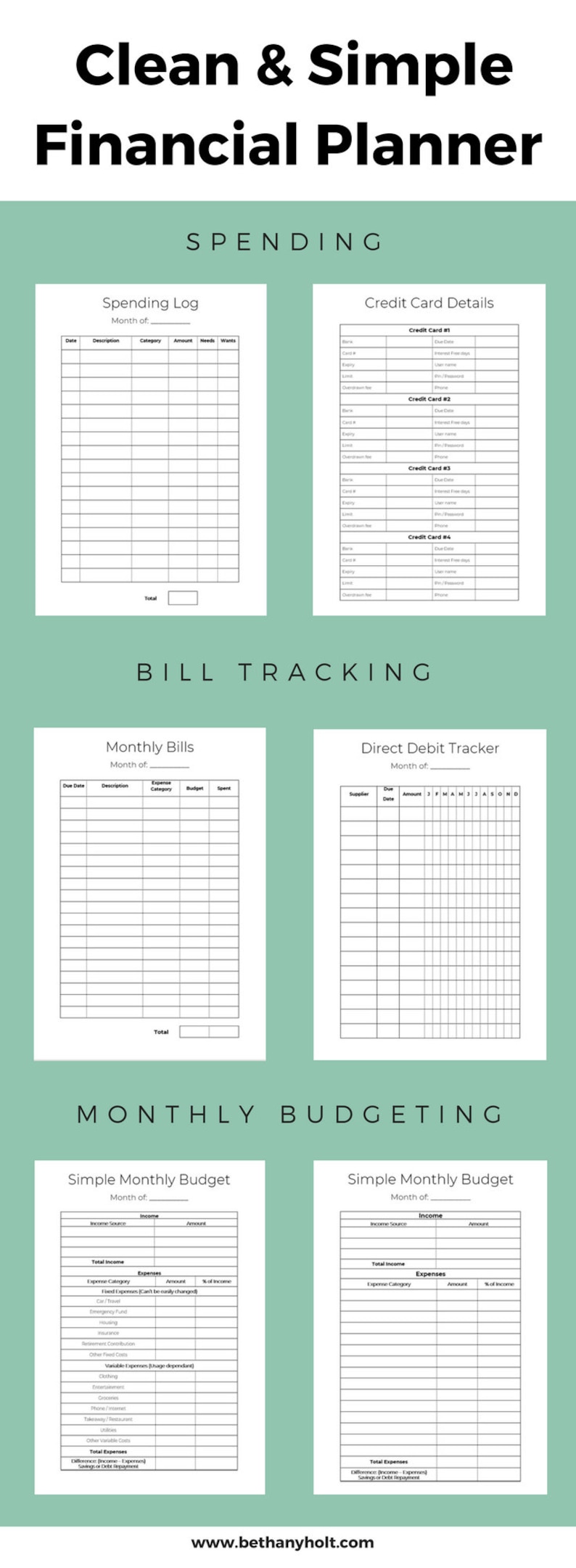 May include: A printable financial planner with sections for spending, bill tracking, and monthly budgeting. The planner includes tables for tracking expenses, income, and credit card details.