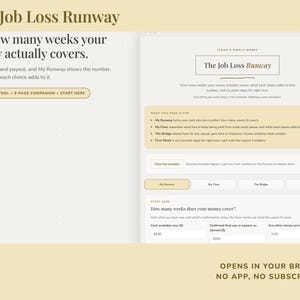 May include: A digital interface titled The Job Loss Runway featuring a financial calculator tool. The page includes text prompts to input cash and payout amounts to determine how many weeks money covers, with buttons for interactive tools and a companion.