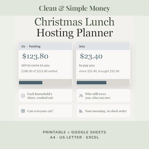 Könnte beinhalten: Eine digitale Weihnachtsessen-Planungsvorlage mit dem Titel Clean & Simple Money. Sie enthält zwei Finanzübersichtsboxen zur Verfolgung von Ausgaben, Schulden und Anteilen sowie Symbole für Haushaltsanteile, Schulden, Ernährungsbedürfnisse und Zeitpläne.
