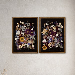 Impression d'art de fleurs pressées format A3, impression d'oeuvres d'art botaniques, fleurs pressées sur fond noir