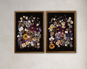Pressed Flower Art Print: Botanical Artwork on Black (A3 Size)