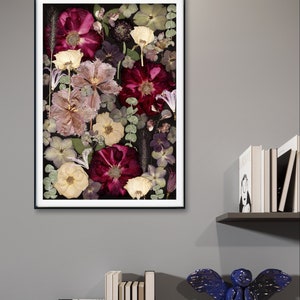 Pressed Flower Art Print A3 size, Botanical Artwork print, Pressed Flowers on black