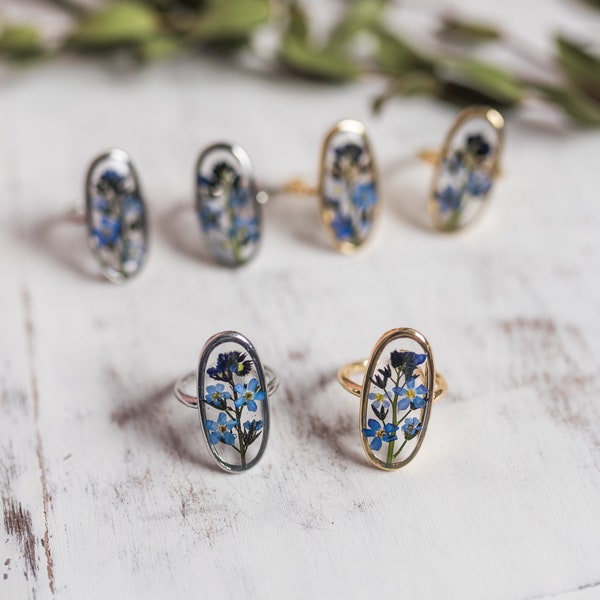 Fabriqué sur commande || Bague Forget-me-not - Bijoux botaniques , Bague de fleurs pressées , Bijoux en vraies fleurs , Bijoux en résine