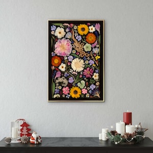 Pressed Flower Art Print A3 size, Botanical Artwork print, Pressed Flowers on black