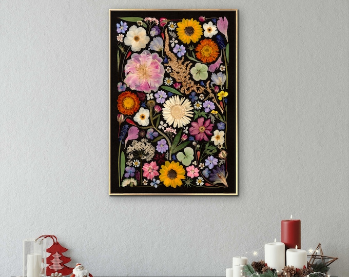 Pressed Flower Art Print A3 size, Botanical Artwork print, Pressed Flowers on black