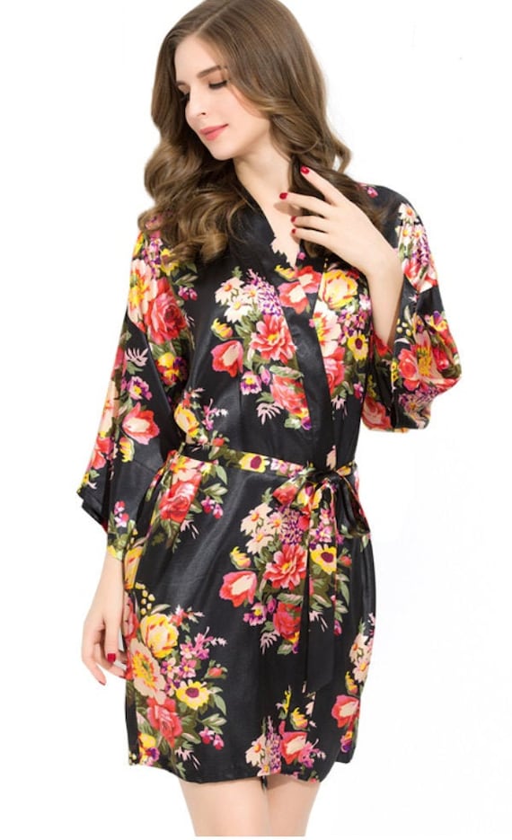 BLACK FLORAL Robes Satin Floral Robes Floral Robes Silk | Etsy