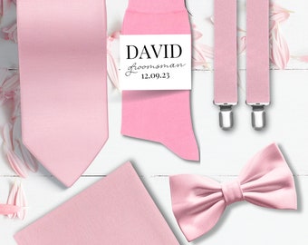 Custom Blush Groomsmen Set Light Pink Suspender Personalized Wedding Attire and Gifts for Groomsmen Custom Groomsmen Gift Blush Wedding Gift