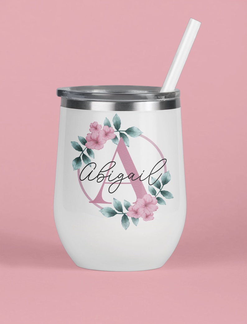 personalized gift Swig Cup Wedding Bridesmaid gift floral White Wine Tumbler Bridesmaid Gift CUSTOM NAME Tumbler wedding party gift