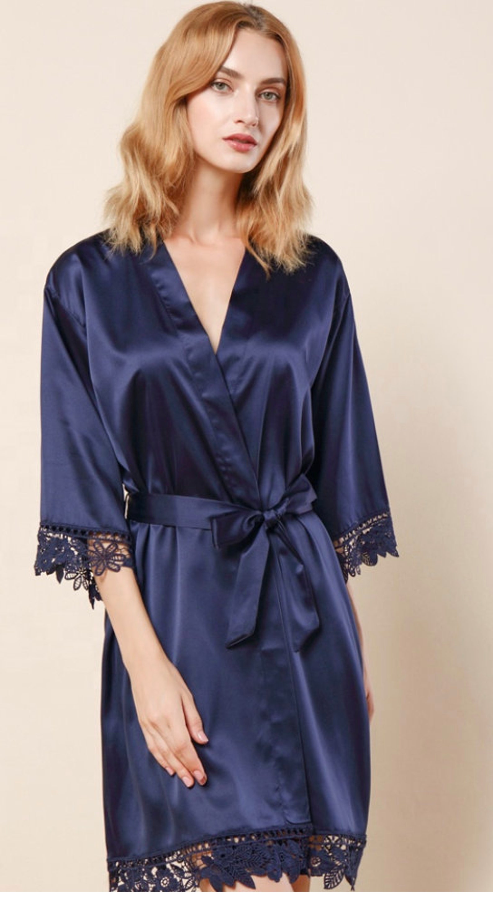 NAVY Bridesmaid Robe Satin Lace Robes Lace Bridesmaid Robes Etsy