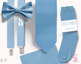 Custom Blue Groomsmen Set Blue Suspenders Personalized Wedding Attire and Gifts for Groomsmen Custom Groomsmen Gift Boxes Adult Tie Custom