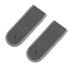 May include: Two gray shoulder pads with a light gray trim. The pads are rectangular with rounded ends and a small hole near the center. The pads are made of a soft, felt-like material.