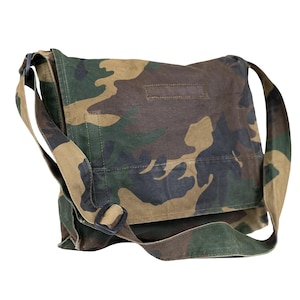 Croatian Woodland Camo shoulder bag front view, closed flap with adjustable canvas strap, military surplus