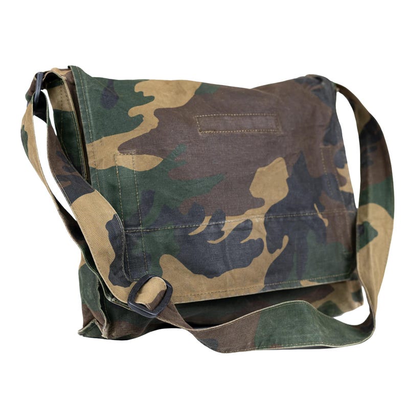 Croatian Woodland Camo shoulder bag front view, closed flap with adjustable canvas strap, military surplus