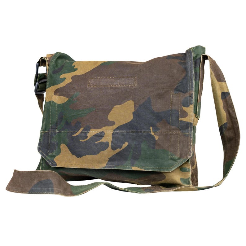 Croatian Woodland Camo messenger bag, front flap closed, adjustable shoulder strap, military surplus canvas