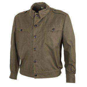 May include: An olive green jacket featuring a button-up front closure, a standard collar, and two chest pockets with buttoned flaps. The garment includes shoulder epaulets and long sleeves with buttoned cuffs, constructed from a solid fabric.