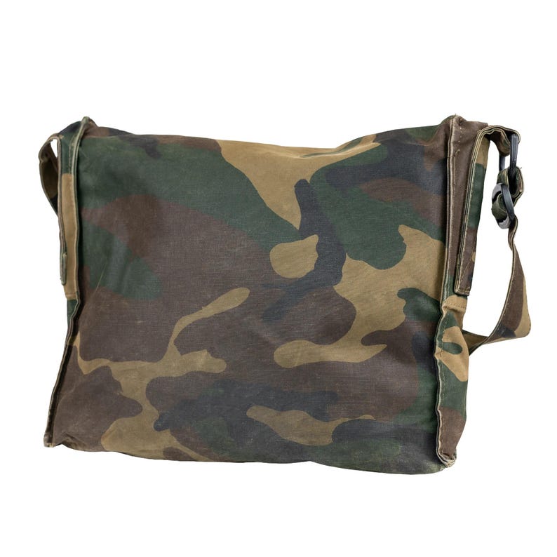 Croatian Woodland Camo military shoulder bag, rear view showing canvas construction and side buckle strap