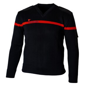 May include: Black long-sleeve sweater with a V-neck and red horizontal stripe across the chest and sleeves. The sweater has a small logo and text in red above the stripe. There are shoulder patches and a small pocket on the left sleeve.
