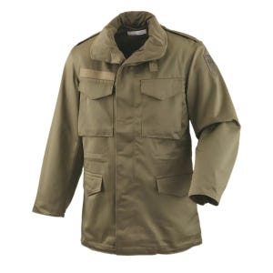 May include: An olive green field jacket featuring a high collar, a front zipper closure with a storm flap, and four large rectangular pockets with buttoned flaps on the chest and waist. The jacket includes shoulder epaulets and a small patch on the sleeve.