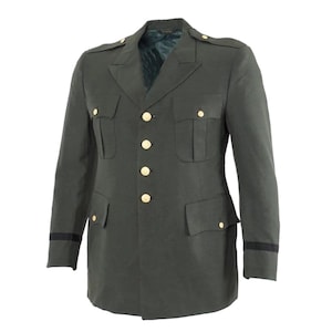 May include: An olive green military-style jacket featuring a notched lapel, four front pockets with buttoned flaps, gold-toned buttons down the center, and black horizontal bands on the cuffs. The interior is lined with a dark green fabric.
