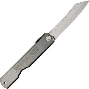 May include: A silver folding knife with a curved blade. The handle is a dark gray metal with Japanese text. The blade is open, revealing a sharp edge. A small hole is at the base of the handle.