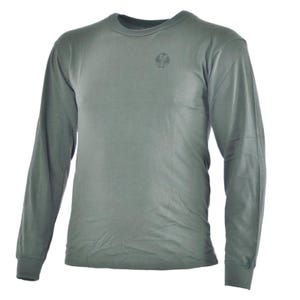 May include: A long-sleeve crew neck shirt in a solid muted sage green color. The garment features a small, circular tonal graphic logo printed on the upper left chest area. The shirt has a standard fit with ribbed cuffs and a simple hemline.