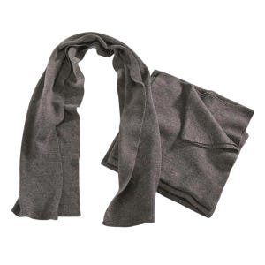 May include: A long, gray scarf made of soft material, draped and folded. The scarf is a solid color, with a simple, elegant design. The fabric appears to be a knit or woven material, suitable for cooler weather. The scarf is folded in a way that suggests it can be worn in multiple styles.