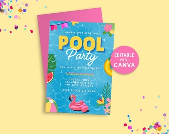 EDITABLE Pool Party Invite Template on Canva, Swimming Pool Party Invitation, Summer Birthday Customizable Template Instant Digital Download