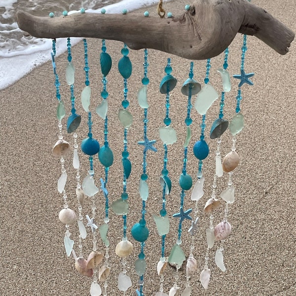 Beach Wind Chime - Sea Glass & Shell and Driftwood Wind Chime - Tropical, Coastal Decor - Handmade in the Caribbean