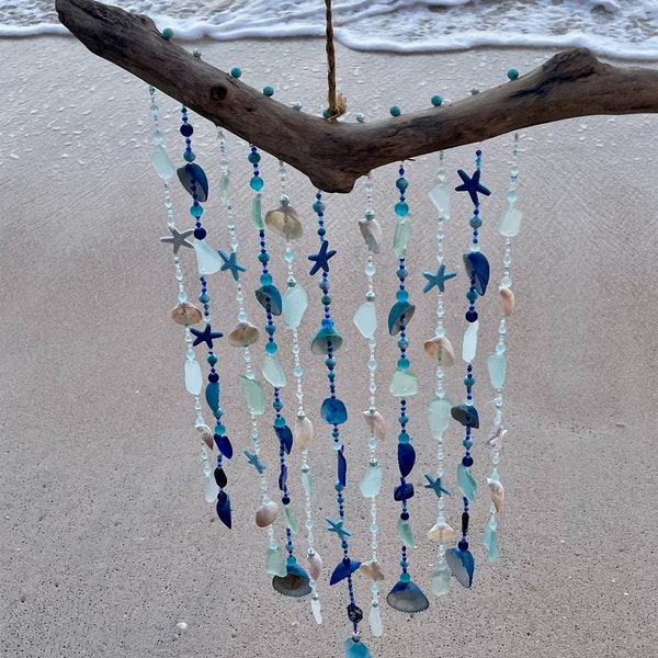 Sea Glass & Shell on Driftwood Wind Chime - Tropical Decor and a perfect gift for Beach Lovers