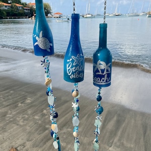 Bottle Sea Glass & Shell Wind Chimes -Suncatcher / Caribbean Tropical Decor