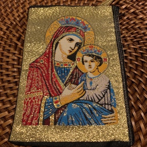 Jungfrau Maria Jesus Madonna unsere Dame Kind katholische Ikone Gold Rosenkranz Beutel 2 Seiten Reißverschluss Icon Stofftasche Münztasche Geschenk