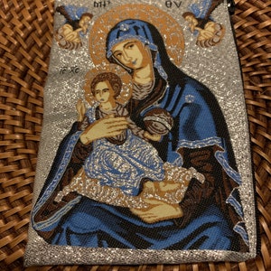 Jungfrau Maria Jesus Madonna unsere Dame Kind katholische Ikone Gold Rosenkranz Beutel 2 Seiten Reißverschluss Icon Stofftasche Münztasche Geschenk