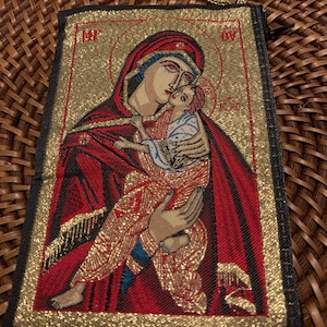 Jungfrau Maria Jesus Madonna unsere Dame Kind katholische Ikone Gold Rosenkranz Beutel 2 Seiten Reißverschluss Icon Stofftasche Münztasche Geschenk