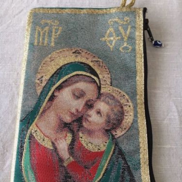 Madonna &child Gold Rosary Pouch 2 Sided Zippered Icon Cloth Case Gift Bag Gift