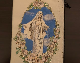 OUR LADY Gold Rosary Pouch 2 Sided Zippered Icon Cloth Case Coin Bag Gift
