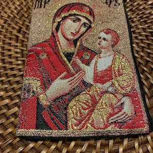 Jungfrau Maria Jesus Madonna unsere Dame Kind katholische Ikone Gold Rosenkranz Beutel 2 Seiten Reißverschluss Icon Stofftasche Münztasche Geschenk