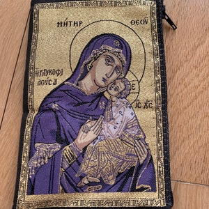 Jungfrau Maria Jesus Madonna unsere Dame Kind katholische Ikone Gold Rosenkranz Beutel 2 Seiten Reißverschluss Icon Stofftasche Münztasche Geschenk