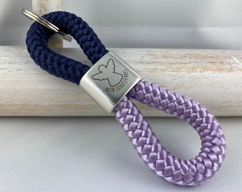 Key ring made of sailing rope with a silver-plated intermediate piece with engraving "My Guardian Angel", dark blue/lilac