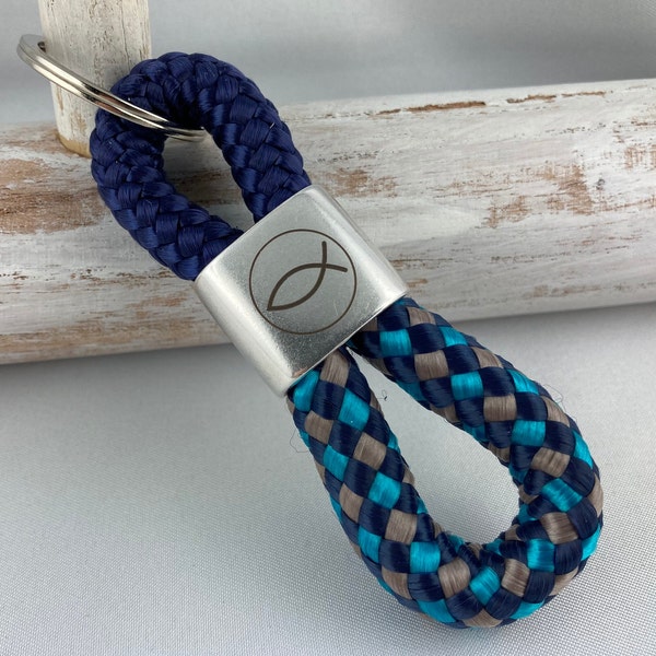 Key ring made of sailing rope with a silver-plated intermediate piece with engraving "Fish", dark blue/dark blue-petrol-grey